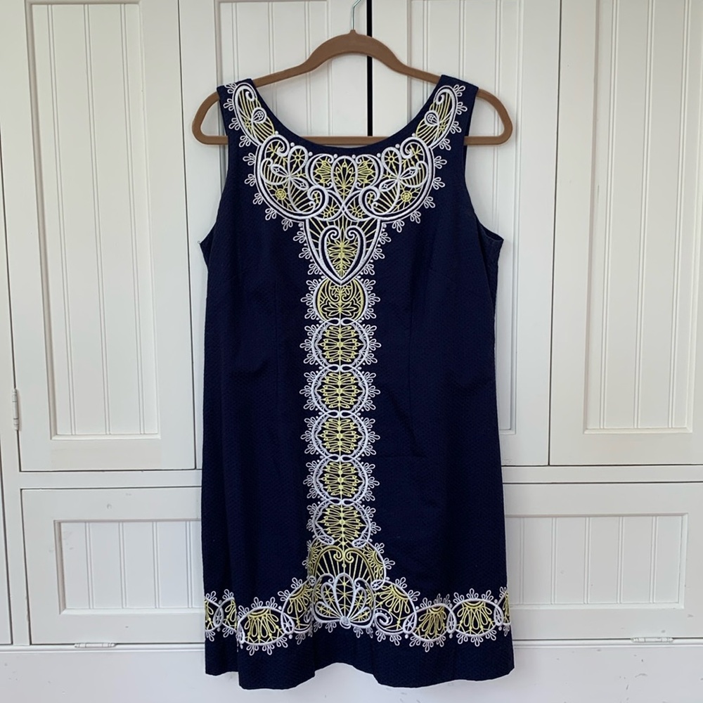 Strapless Lilly Pulitzer cotton navy dress with embroidered design.